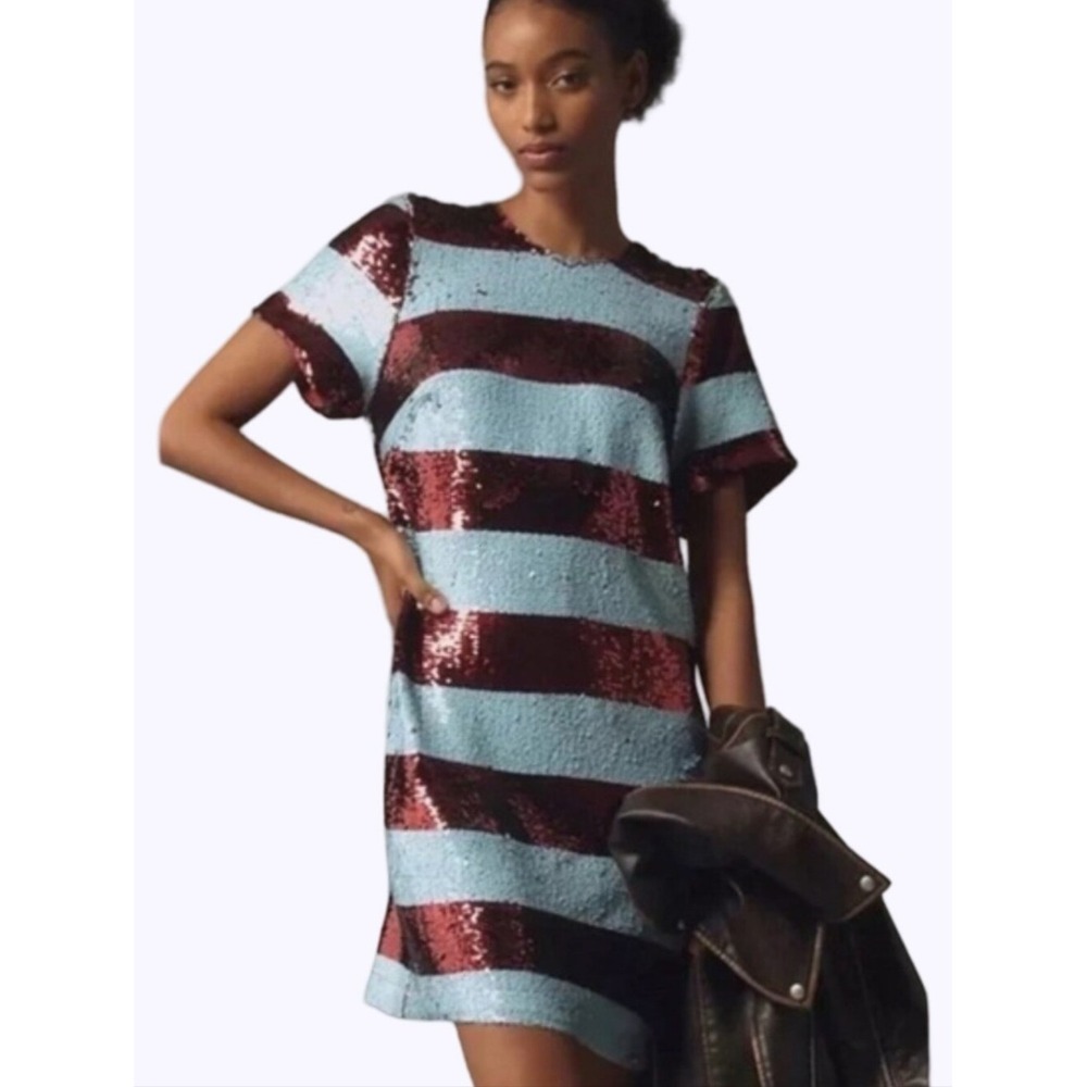 Anthropologie X Maeve Sequin Striped Short Sleeve Shift Dress Blue Burgundy‎ XL